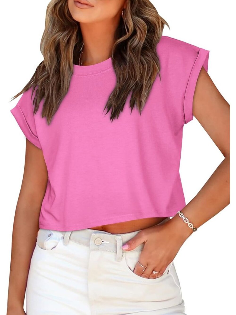 Women's Pink Crew Neck Cap Sleeves Crop Casual Pull On Basic Tees Shirts